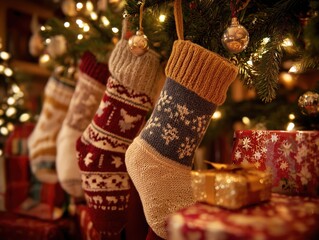 Knitted Christmas stockings hanging on tree with gifts underneath in cozy holiday setting