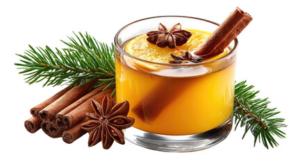 Festive Sip: An inviting glass of a warm, golden beverage adorned with cinnamon sticks, star anise, an orange slice, and evergreen sprigs evokes the flavors and scents of the season.