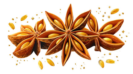 Star Anise Spice Cluster: An exquisite display of star anise, showcasing its distinctive star-like shape and aromatic seeds, radiating a warm, inviting essence of culinary delight.