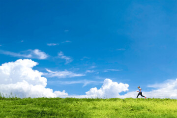 Running Free: A lone figure joyfully traverses a verdant landscape under a bright, cloud-filled sky, symbolizing freedom and boundless exploration.