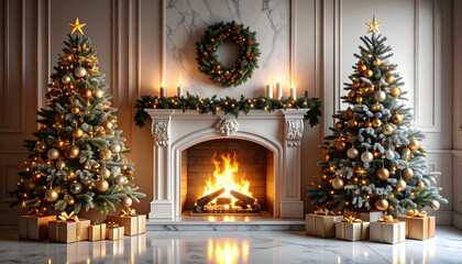 fireplace in living room with christmas decorations