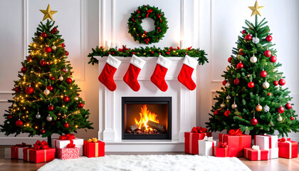 fireplace in living room with christmas decorations