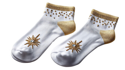 Golden Accent Socks: A pair of delicate, sheer socks, exquisitely adorned with golden embellishments, create a stunning display of luxury and elegance.