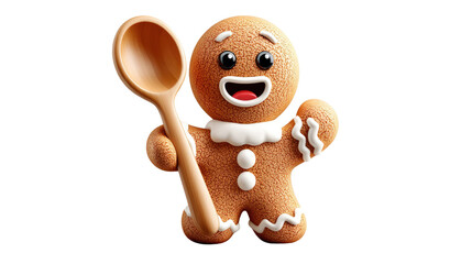 Gingerbread Man with Wooden Spoon: A charming gingerbread man figure, stands poised holding a wooden spoon. Capturing the joy of baking and sweet treats. 