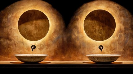 Two modern, round, illuminated bathroom vanities with warm, earthy tones.