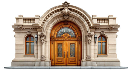 Entrance of architectural elegance: A detailed facade features a grand wooden door, framed by ornate stonework, showcasing classical architecture's enduring beauty and craftsmanship.