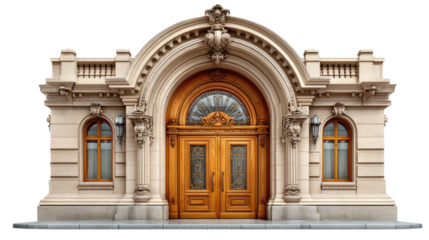 Entrance of architectural elegance: A detailed facade features a grand wooden door, framed by ornate stonework, showcasing classical architecture's enduring beauty and craftsmanship.