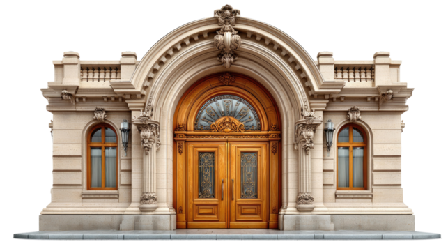 Entrance of architectural elegance: A detailed facade features a grand wooden door, framed by ornate stonework, showcasing classical architecture's enduring beauty and craftsmanship.