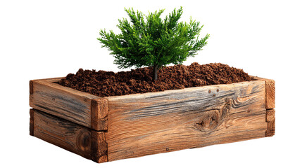 A small tree in the wooden box: A young and vibrant tree flourishes in a rustic wooden planter box, symbolizing growth and the beauty of nature. This captures the essence of life's renewal and growth.