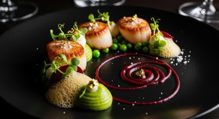 A gourmet plate featuring seared scallops atop a bed of vibrant green peas, surrounded by artistic swirls of sauce, microgreens, and edible gold accents, creating an elegant culinary presentation