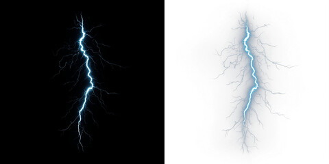 Lightning bolt illustration with vibrant blue color on contrasting black and white backgrounds, showcasing dynamic energy and natural power in a visually striking design concept