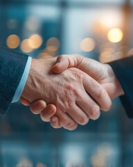 Two business professionals, one with a dark suit and the other in a light suit, are shaking hands in a modern office environment, symbolizing partnership and collaboration