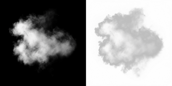White cloud overlay on black background and gray background, creating a versatile design element for various creative projects and digital compositions with copy space