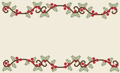 Christmas pixel art two horizontal lines of vines adorned with vibrant red berries, traditional green holly pine needles and copy space. used in wallpaper, background, christmas card, lo-fi background