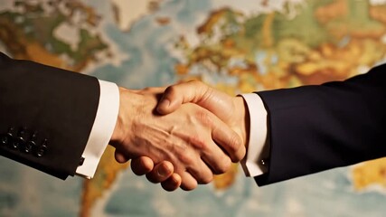 Global partnership handshake in front of world map signifies international business deal and collaboration success, promising future growth and shared vision across borders - Powered by Adobe