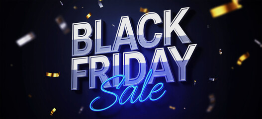 Black Friday sale banner with metallic blue typography and dark festive background