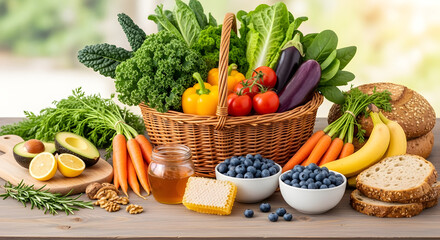 A bountiful harvest of fresh fruits, vegetables, and whole grains, showcasing the vibrant colors and natural goodness of healthy eating