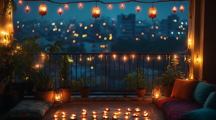 A night-time photograph of a balcony during Diwali, illuminated with string lights, hanging lanterns, and diyas on the railing. The background shows a distant city skyline with bokeh lights.