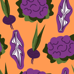 cute hand drawn purple seamless vector pattern illustration with vegetables on orange background