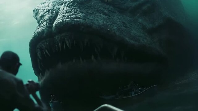 Fishermen encounter a colossal creature in mysterious waters on a foggy day