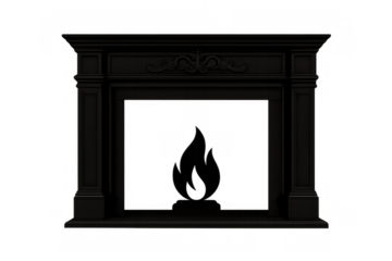 Black classic elegant fireplace silhouette with decorative scrolls featuring a simple flame icon, transparent background