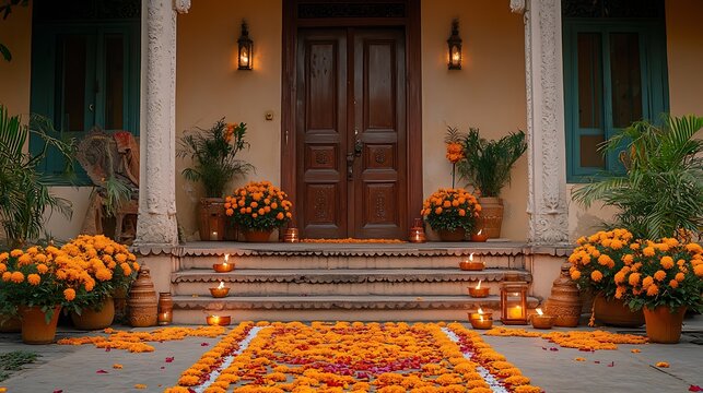 An elegant front door of a house adorned with marigold flower torans, intricate rangoli patterns at the entrance, and flickering diyas on either side of the steps.