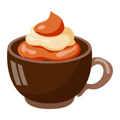Pixel art brown coffee mug filled with creamy whipped topping and caramel drizzle on a transparent background