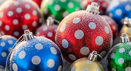 Polka Dot Christmas Ornament on Frozen Winter Background, Holiday Decoration with Snow and Frost Theme