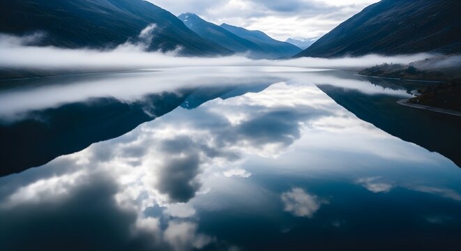 Serene lake reflects dramatic cloudy sky and misty mountains at dawn.