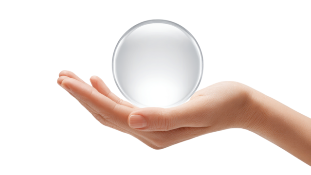 Hand Holding a Clear Crystal Ball on White - Powered by Adobe