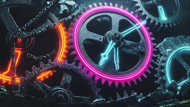Animated futuristic clock mechanism with turning gears. Neon lights illuminate a complex industrial machine with rapidly spinning hands. Passage of time concept