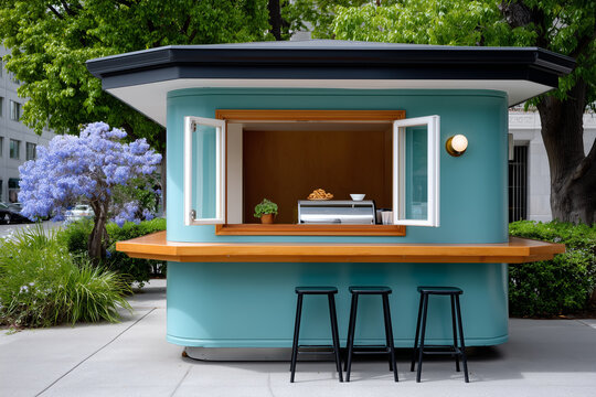 A modern and stylish turquoise coffee kiosk with an open service window, wooden counter, and bar stools, beautifully situated in a contemporary urban park.