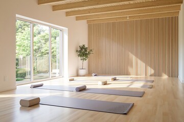 Generative AI serene yoga studio with large windows and natural light.