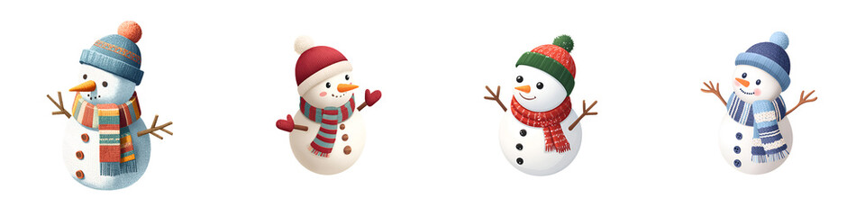 Cute Cartoon Snowmen Collection Isolated on White