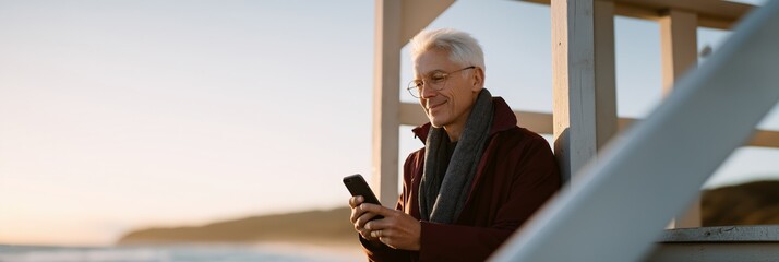 Mature caucasian man relaxing by the sea with smartphone at sunset