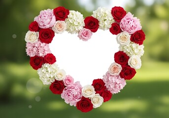 Exquisite heart-shaped frame of vibrant red, pink, and white roses, peonies, and hydrangeas, blooming in a softly blurred green garden, ideal for conveying love, romance, and celebration