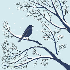 Winter scene with a bird perched on a snowy branch