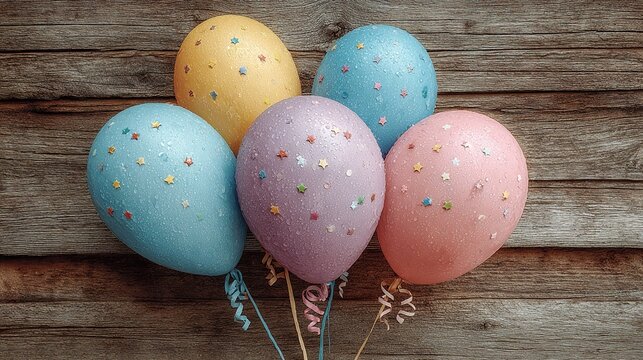 Universal design for various celebrations: Colorful balloons and flowing streamers on a wood texture background, conveying happiness and joy. Ideal as a versatile template for festive marketing poster