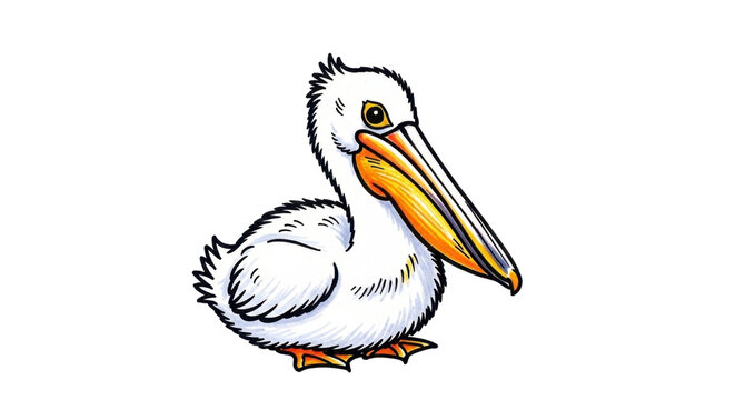 Charming white pelican with vibrant orange beak stands alert, perfect for nature themes and whimsical designs seeking unique avian charm and coastal vibes.
