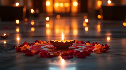 A close-up photo of a Diwali rangoli on a marble floor, surrounded by glowing diyas and rose petals. The background features a warmly lit Indian hallway with intricate patterns on the walls.