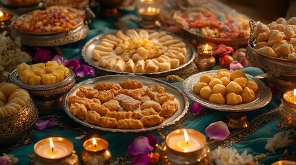 A close-up photo of a festive table filled with traditional Indian sweets like laddoos, barfis, and jalebis, neatly arranged in silver trays, surrounded by small lit diyas.