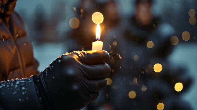Hands cradling lit candle in metal holder against dark background, warm flame illuminating palms in gesture of hope, concept of remembrance, prayer, grief counseling