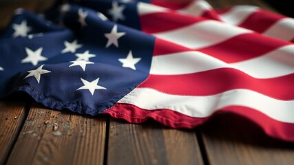 American flag draped on wooden surface, close up view showcasing stars and stripes in vibrant red white and blue fabric with gentle folds. concept of independence day, memorial day, patriotism.