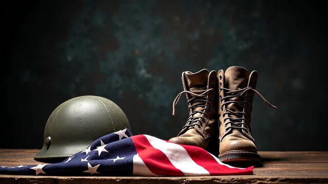 American flag folded beside green military helmet and brown combat boots, symbolic still life honoring soldiers placed on rustic wooden table. Concept of veterans day, memorial day, military tribute.