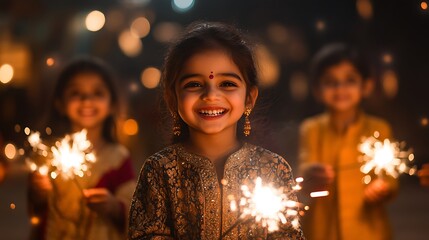 A joyful group of Indian children in traditional clothes lighting sparklers in a courtyard at night, sparks illuminating their smiling faces, blurred festive lights and rangoli behind them.