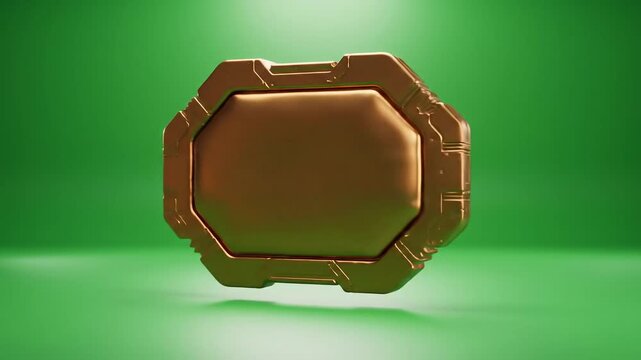A golden futuristic hexagonal badge or emblem rotates slowly against a vibrant green background showcasing its intricate design and metallic sheen ideal for game assets or abstract concepts. - Powered by Adobe