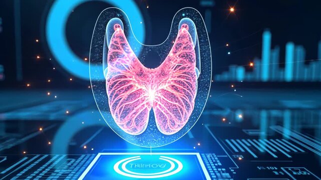 Glowing thyroid gland highlighted, luminous orange butterfly shaped organ in human neck silhouette with sparkling particles. concept of endocrinology, thyroid health, medical education.