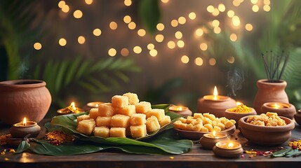 A rustic-style table setting with handmade Indian sweets like peda and halwa served in banana leaves, surrounded by earthen diyas and small incense burners.