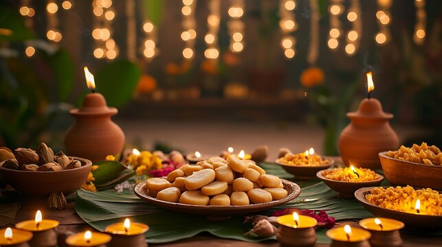 A rustic-style table setting with handmade Indian sweets like peda and halwa served in banana leaves, surrounded by earthen diyas and small incense burners.