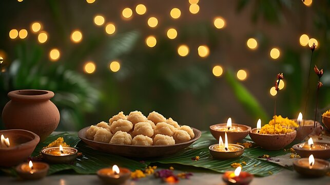 A rustic-style table setting with handmade Indian sweets like peda and halwa served in banana leaves, surrounded by earthen diyas and small incense burners.